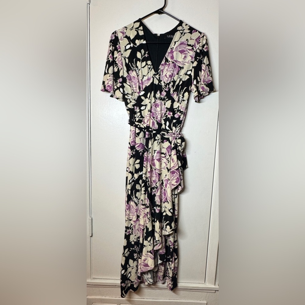 Lauren Ralph Lauren Floral Belted Faux Wrap Purple Cream Black Jersey Dress 4 - Picture 4 of 16